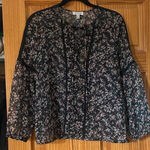 Barneys New York Black Floral Sheer Lace Trim Tie Front Blouse